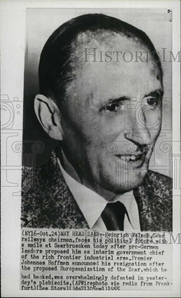 1955 Press Photo Heinrich Welsch Railways Chairman Offered Political Future - Historic Images