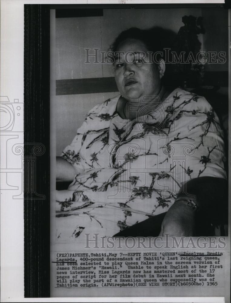 1965 Press Photo Jocelyn Bredin Lagerds will Plau Queen Malma in &quot;Hawaii&quot; - Historic Images