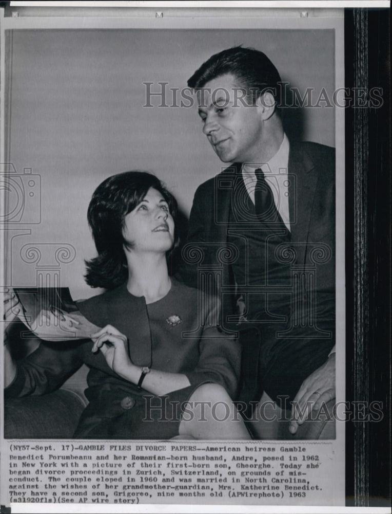 1963 Press Photo American Heiress Gamble Benedict Porumbeanu, Husband Andre 1962 - Historic Images