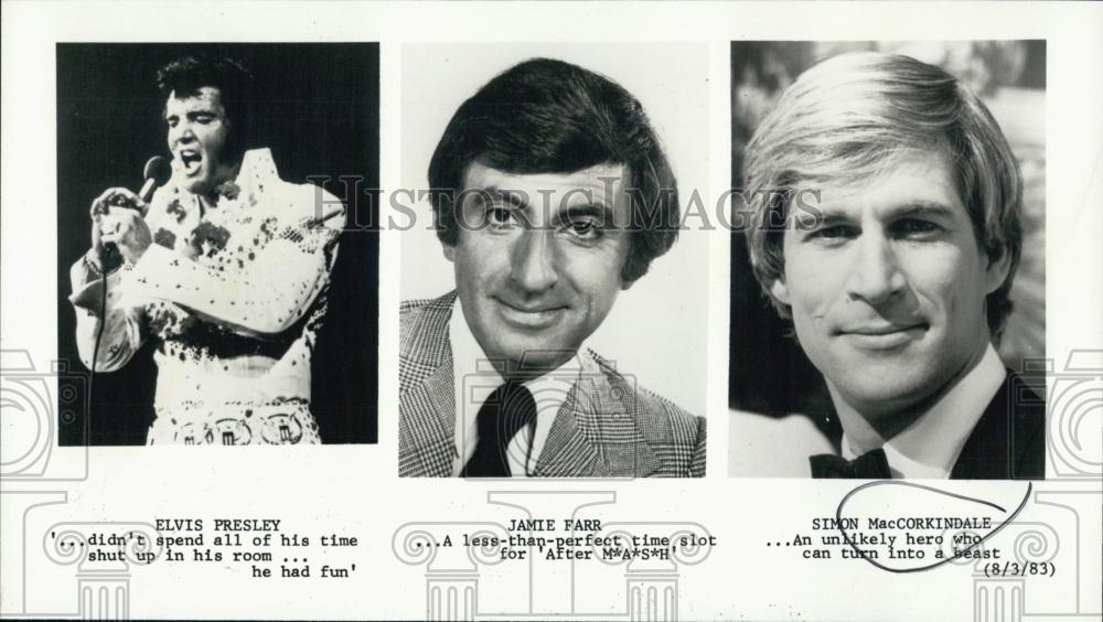 1983 Press Photo Elvis Presley, Jamie Farr, Simon MacCorkindale - RSL04065 - Historic Images