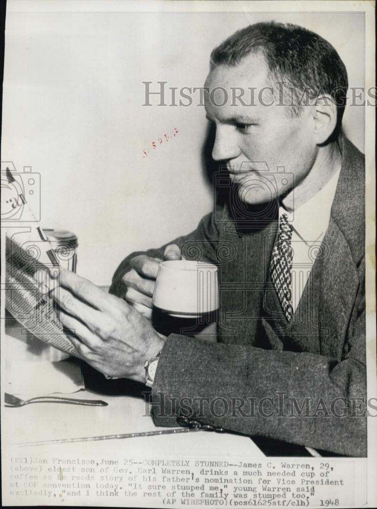 1948 Press Photo James Warren , eldest son of Gov Earl Warren drinking coffee - Historic Images