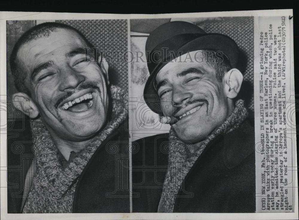 1961 Press Photo Pedro Arroyo talks with photographers strangling near apartment - Historic Images