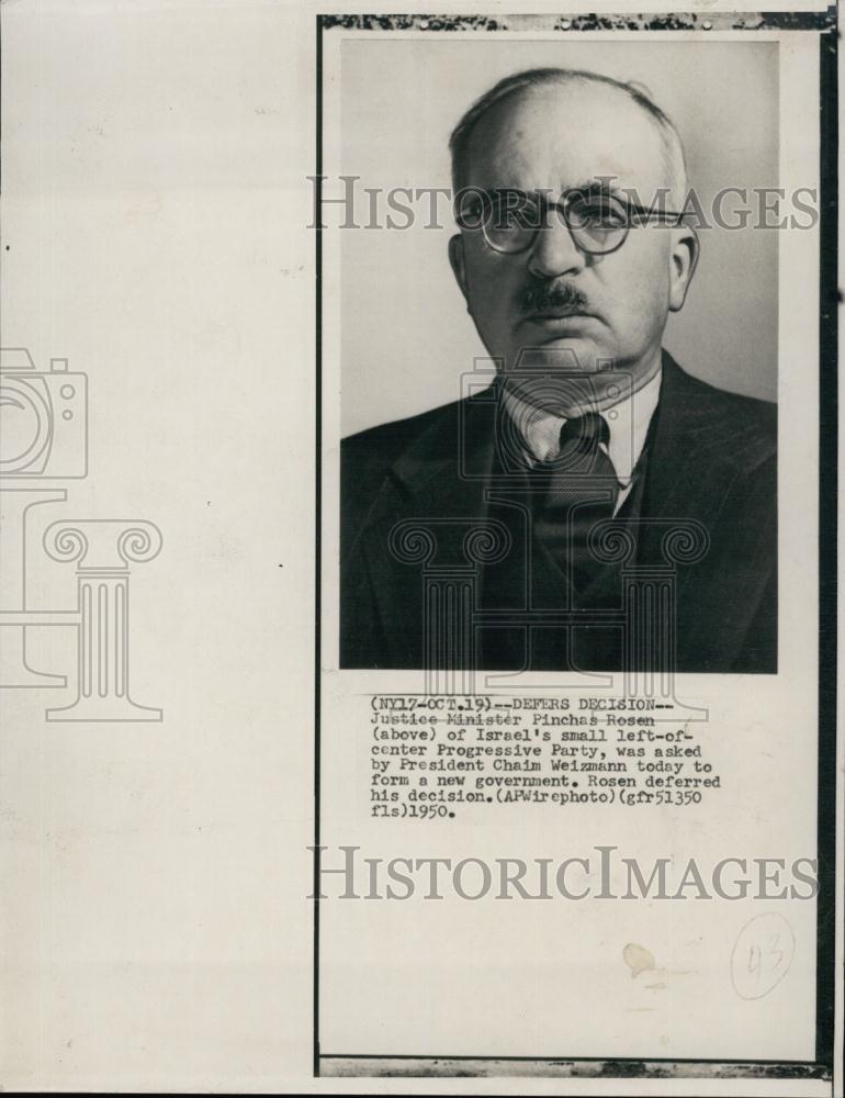 1950 Press Photo Justice Minister Pinchas Rosen, Israel Progressive Party - Historic Images