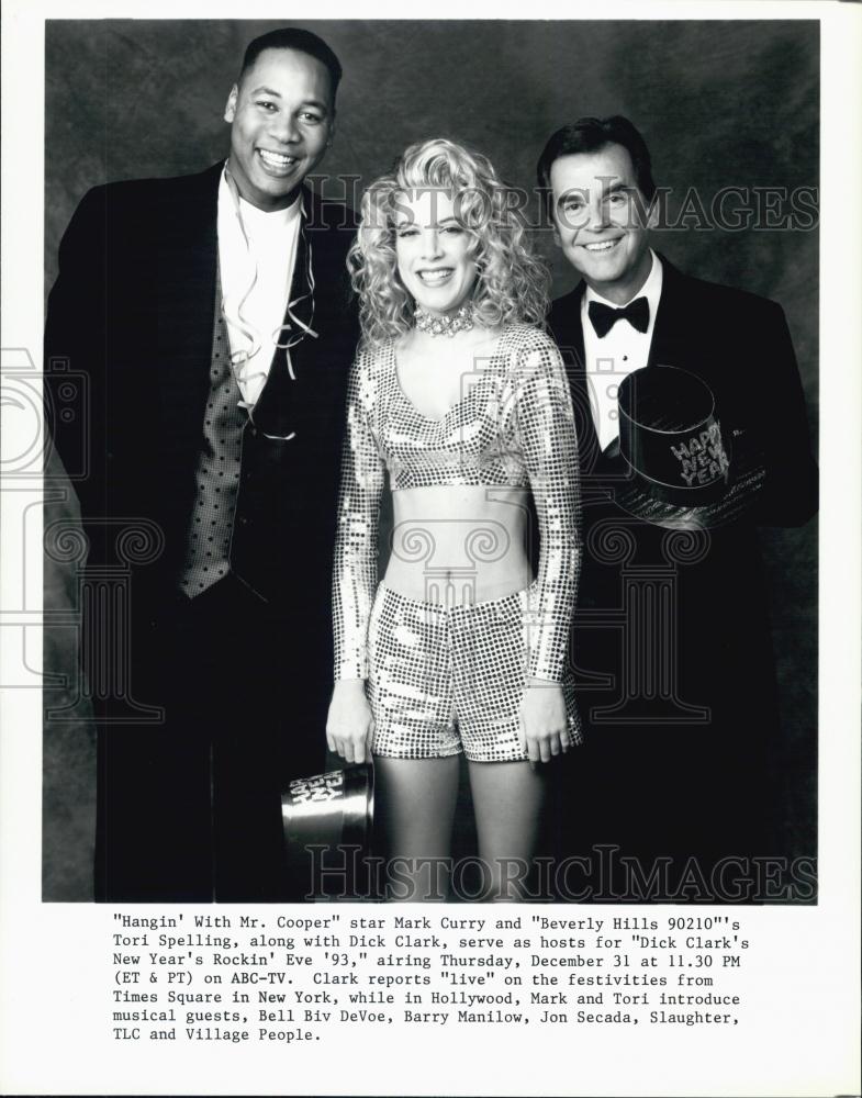 1992 Press Photo Dick Clark Mark Curry Tori Spelling New Year's Rockin' Eve 93 - Historic Images