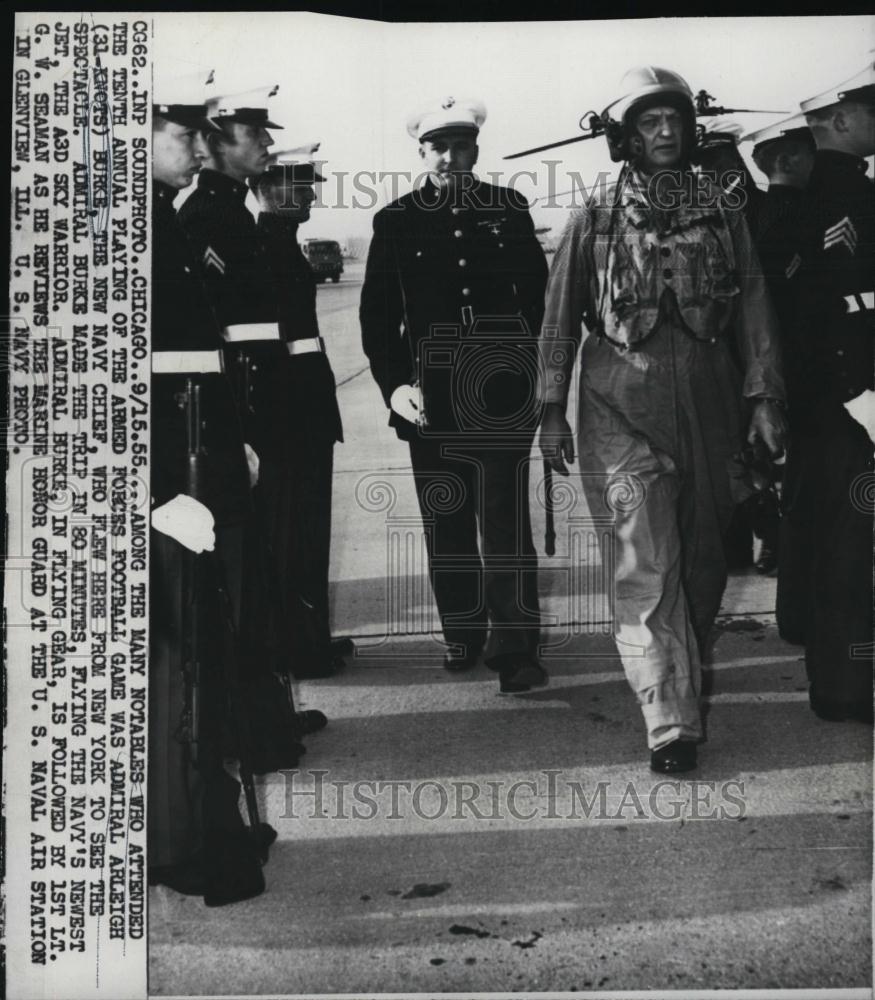 1955 Press Photo Admiral Arleigh Burke in flight gear going to Armed Forces game - Historic Images