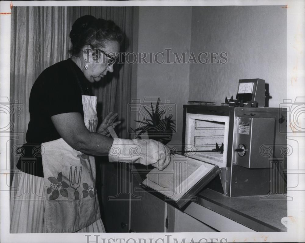 1974 Press Photo craft artist Helen Parish putting a piece of copper in a kiln - Historic Images