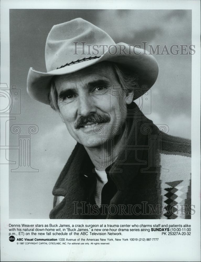 1987 Press Photo Buck James Series Actor Dennis Weaver Character Portrait - Historic Images