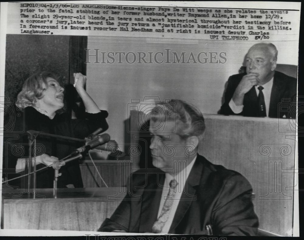 1966 Press Photo Comedian/Singer Faye De Witt Weeps Testifying Husbands Death - Historic Images