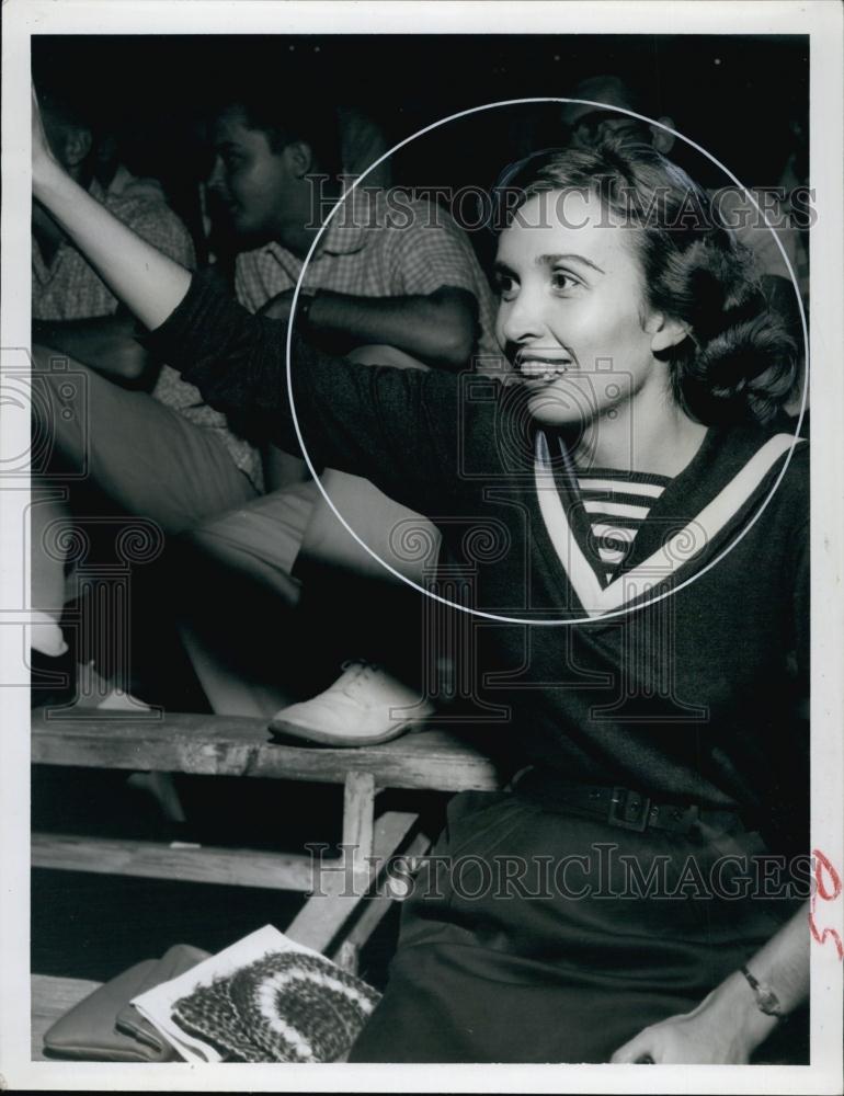 1955 Press Photo Mrs Tom Canfield At Sports Game Cheering For Husband&#39;s Team - Historic Images