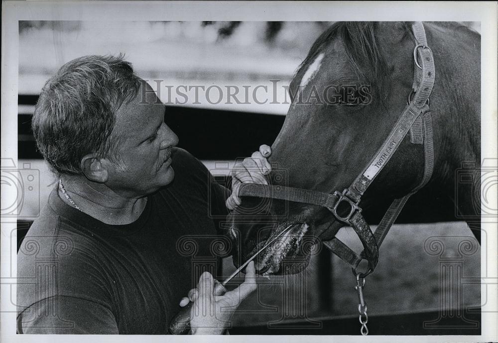 1985 Press Photo Charles Evans Horse Dentist tooth care - RSL96915 - Historic Images