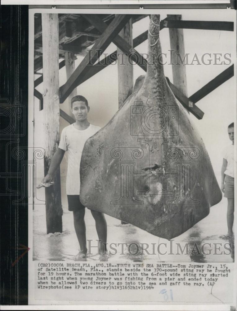 1964 Press Photo Tom Joyner With His 370-Pound Sting Ray After A Marathon Battle - Historic Images