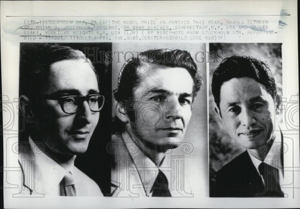 1973 Press Photo Nobel Prize for Physicsw, Dr D Josephson,Dr I Giaever, Dr Esaki - Historic Images