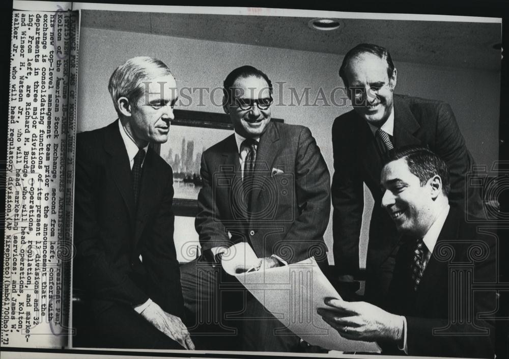 1971 Press Photo Stock Exchange pres Paul Kolton,RM Burdge &amp; WH Watson Jr - Historic Images