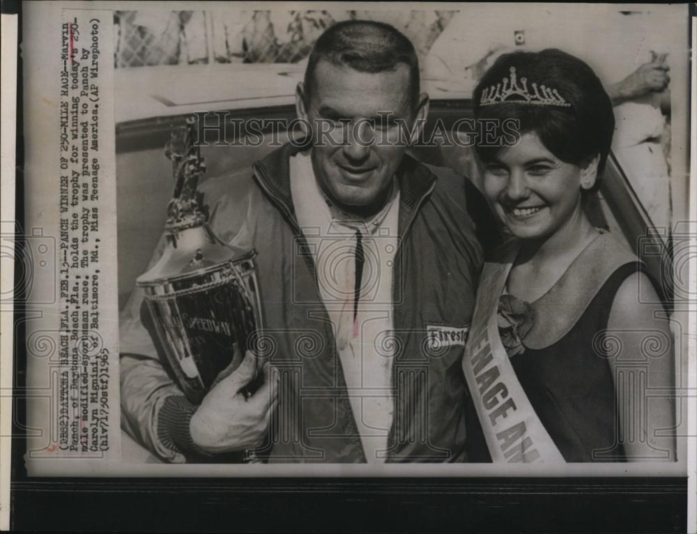 1965 Press Photo Marvin Panch wins Daytona race, Carolyn Mignini "Miss Teen USA" - Historic Images