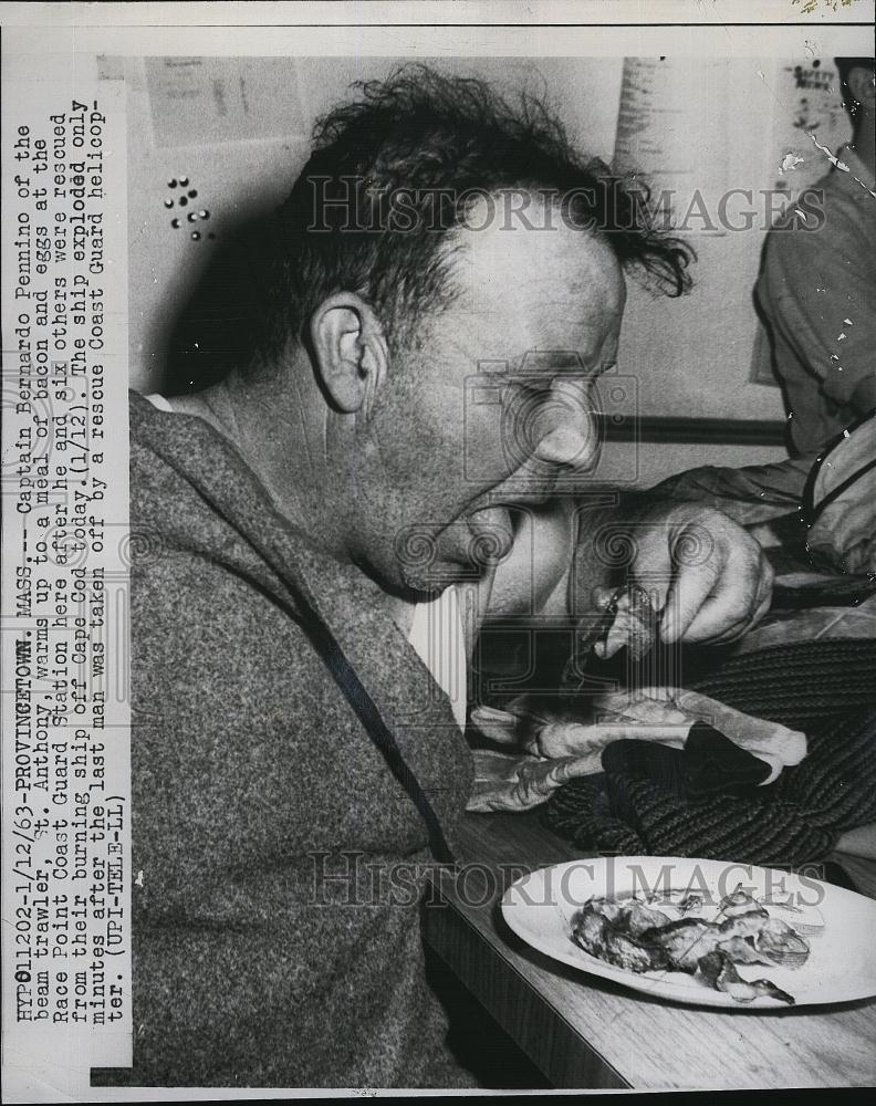 1963 Press Photo Capt Bernardo Pennino rescued from a burning ship off Cape Cod - Historic Images