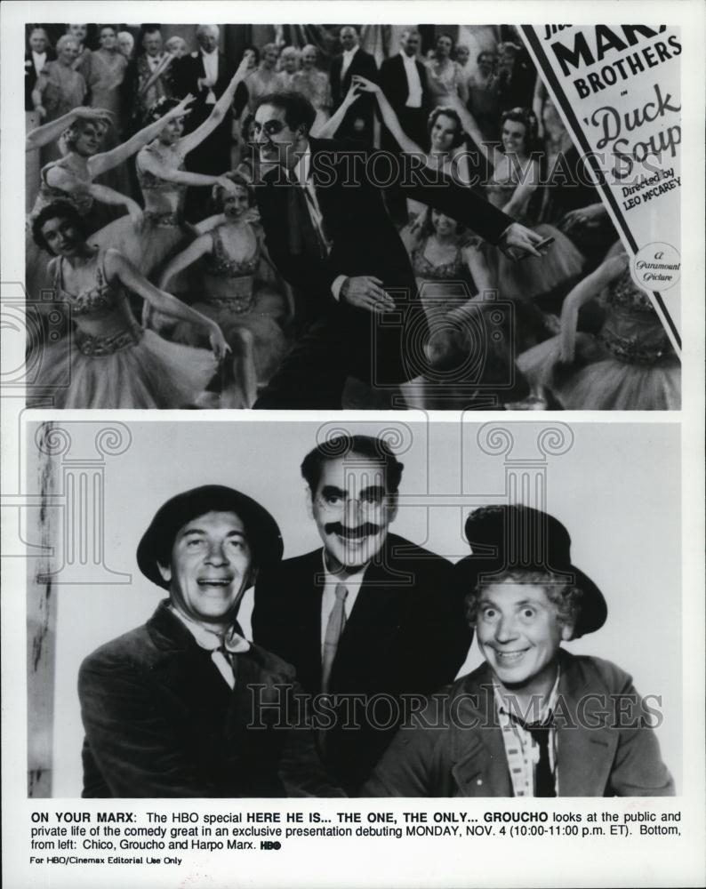 1999 Press Photo Actor Harpo Marx With Chico &amp; Groucho In &quot;On Your Marx&quot; - Historic Images