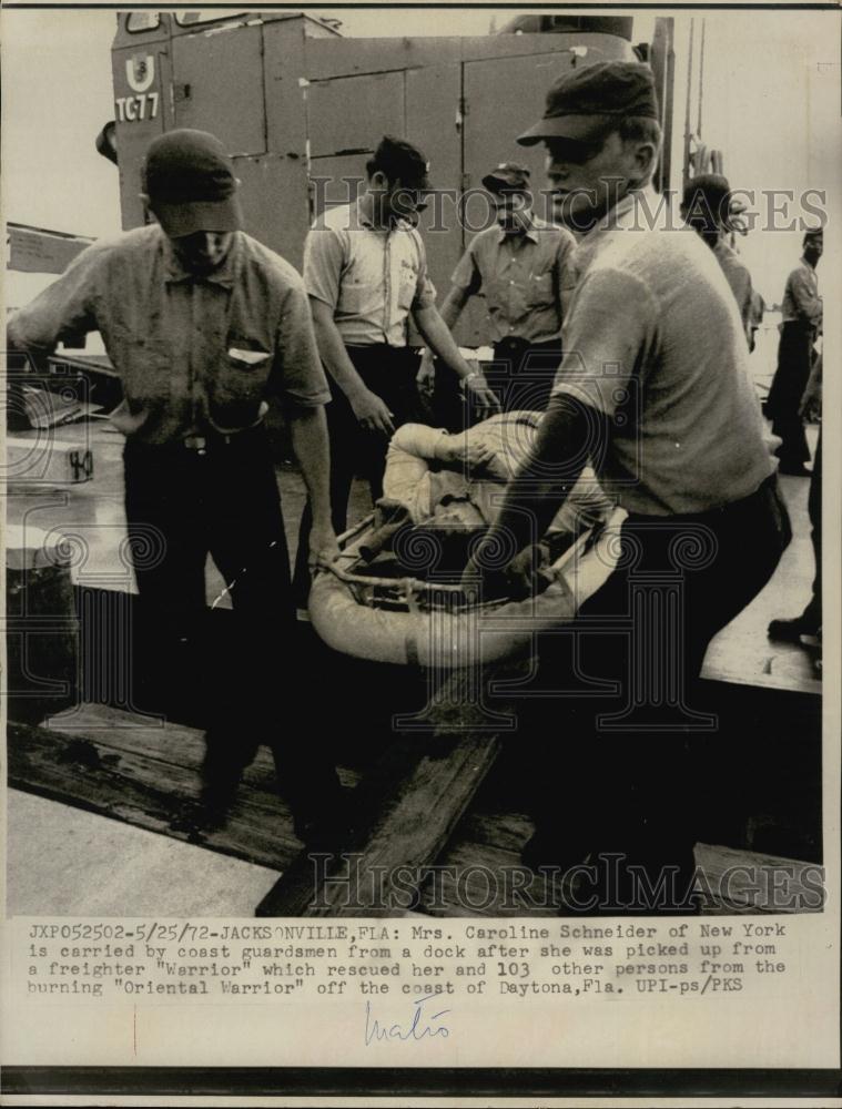 1972 Press Photo Mrs Caroline Schneider is rescued from freighter - RSL64793 - Historic Images