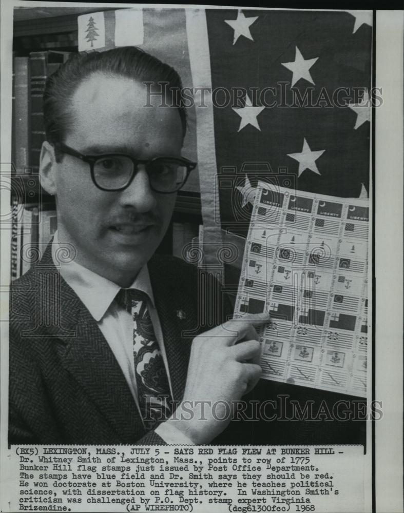 1968 Press Photo Dr Whitney Smith With 1775 Bunker Hill Stamps - RSL40987 - Historic Images