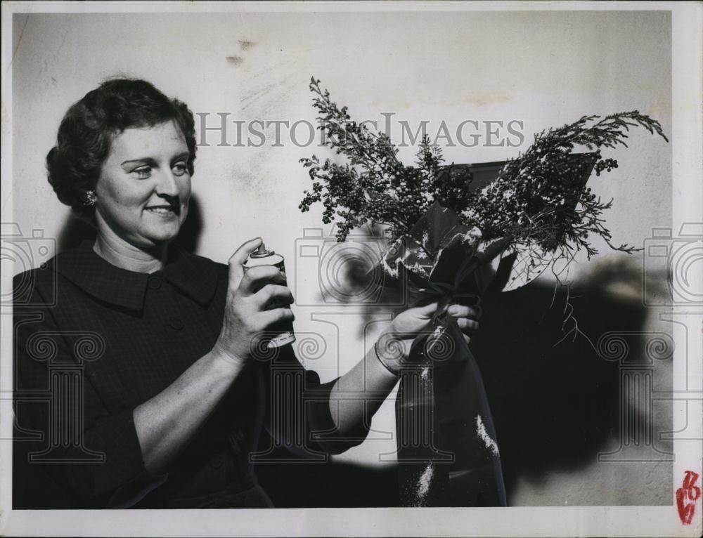 1956 Press Photo Mrs Charles H Thompson, Holly, Evergreens Floral Arrangement - Historic Images