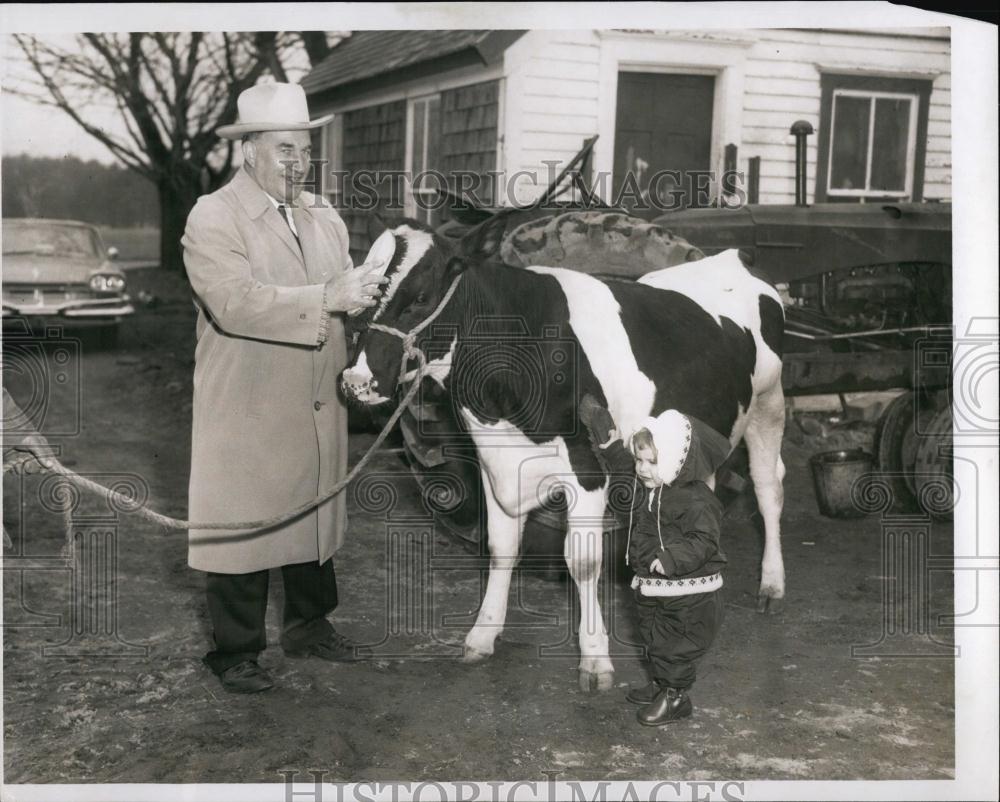 1960 Press Photo Rev WRobert Mayhew brush his heifer Nellie Belle - RSL00019 - Historic Images