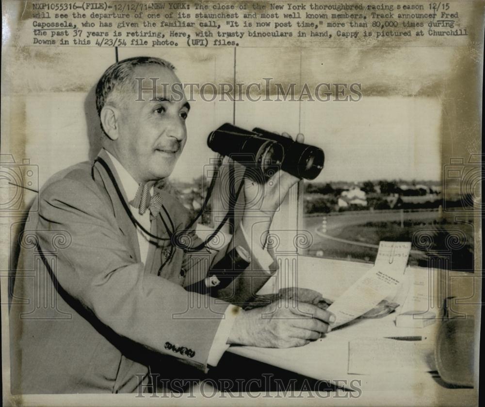 1954 Press Photo Fred Capossala, Track Announcer, &quot;It is Now Post Time&quot;, - Historic Images