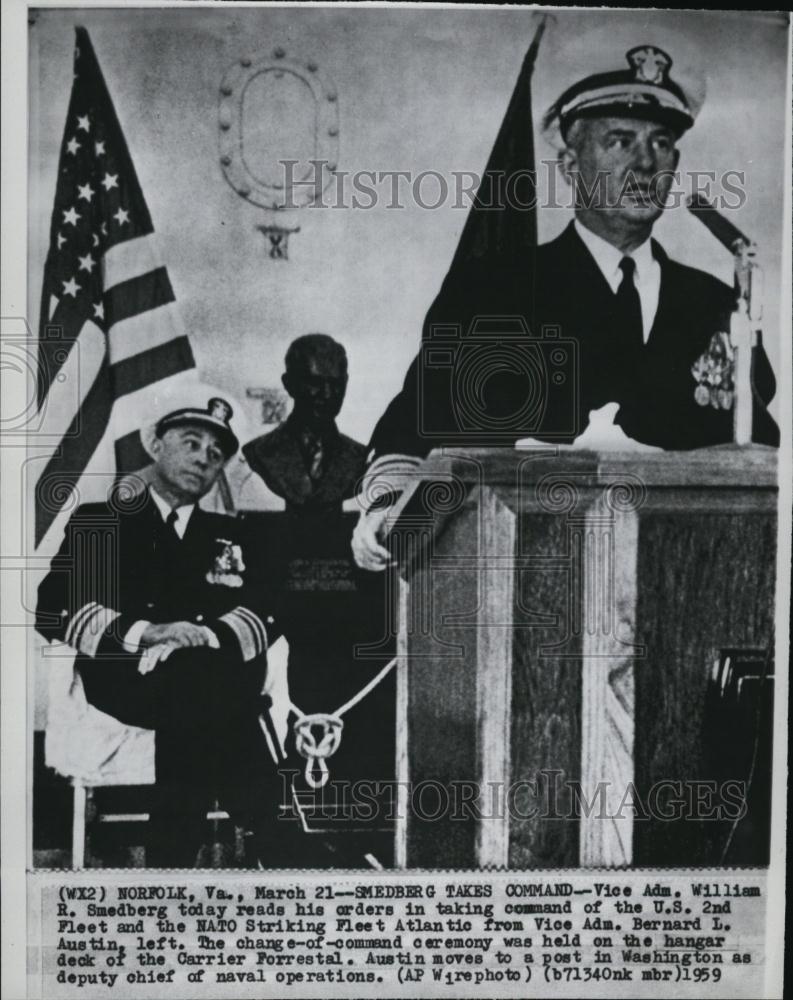 1959 Press Photo Vice Adm William Smedberg Takes command Of 2nd Fleet - Historic Images