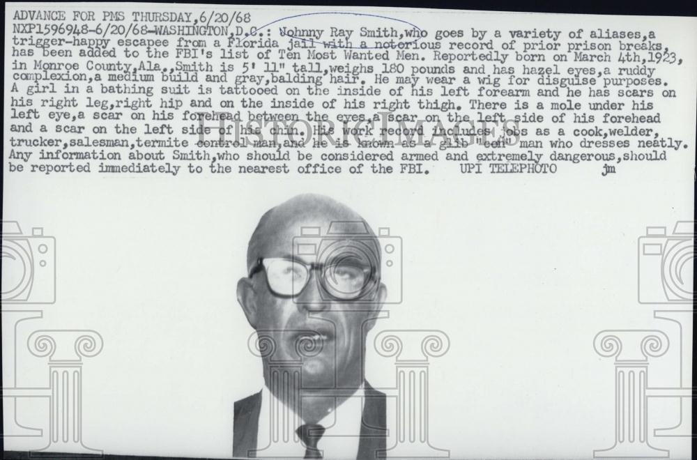 1968 Press Photo Johnny Ray Smith on Ten Most Wanted FBI list - RSL05045 - Historic Images