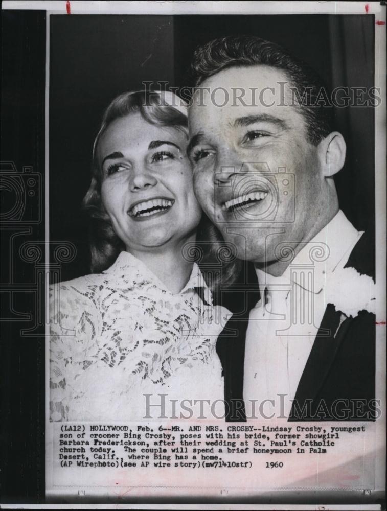 1960 Press Photo Singer Lindsay Crosby with his bride Barbara Frederickson - Historic Images