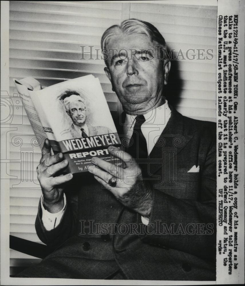 1958 Press Photo General Albert C Wedemayer Holding Copy Of Memoirs - RSL41755 - Historic Images