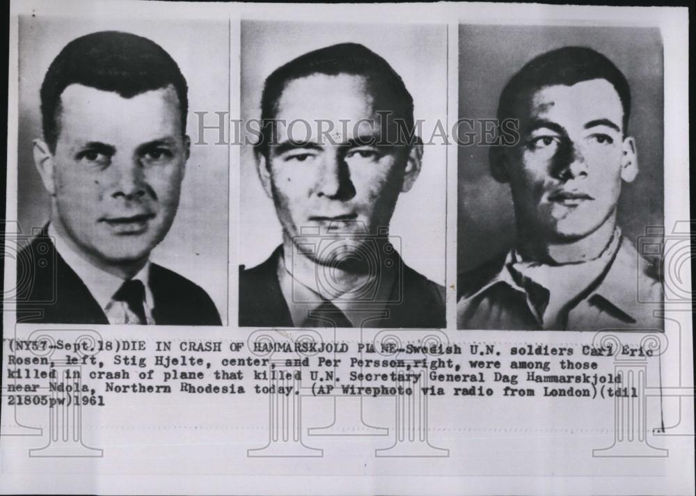 1961 Press Photo UN soldiers Carl ERosen,Stig Hjelte,Per Persson killed in crash - Historic Images