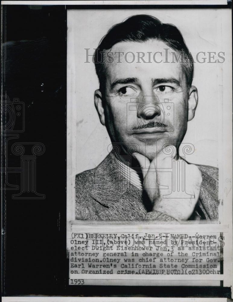 1953 Press Photo Warren Olney III named Attorney General in charge of Criminal D - Historic Images