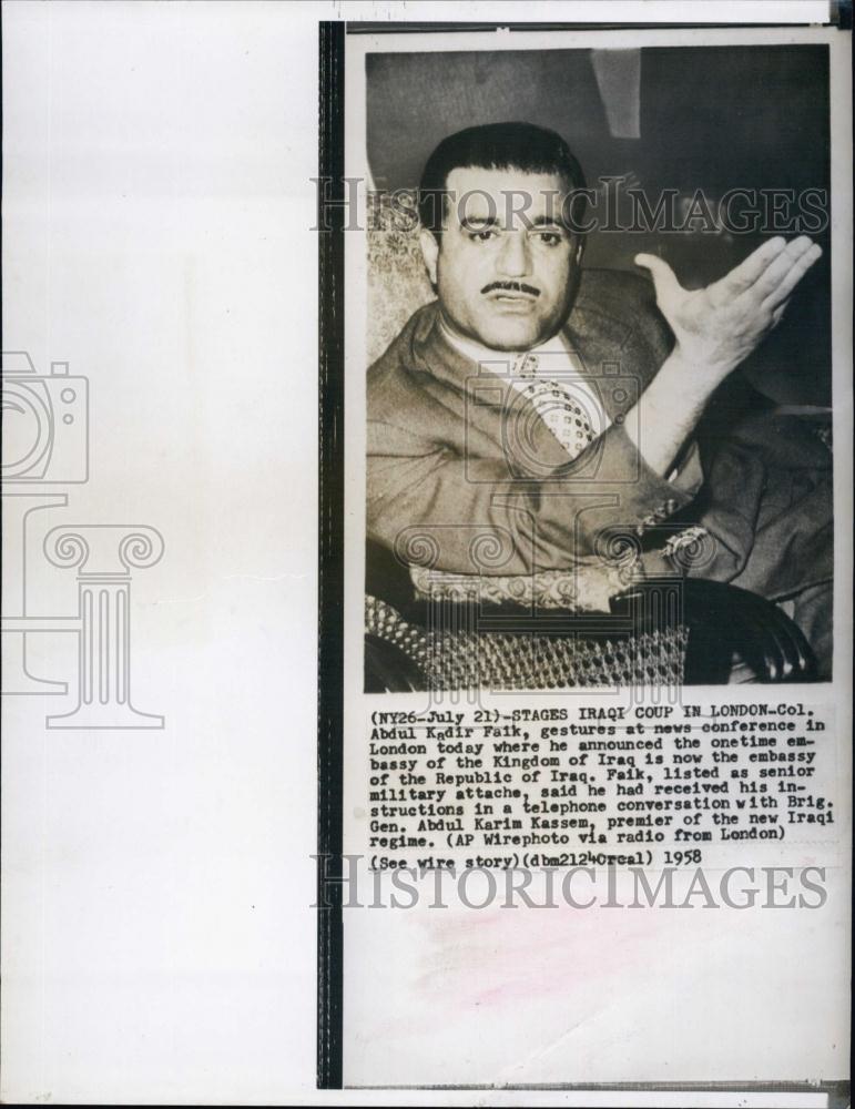 1958 Press Photo Abdul Kadir Faik Senior Military AttachÃƒÂ© Republic of Iraq - Historic Images