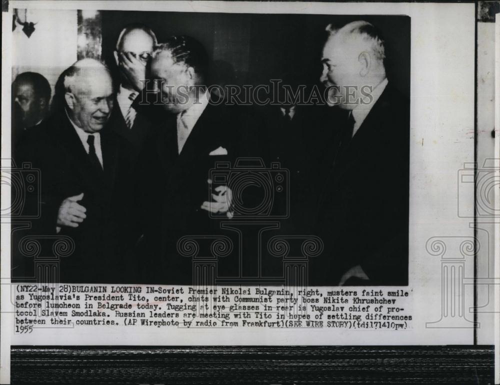 1955 Press Photo Soviet Premier Nikolai Bulganin, Pres Tito, N Khrushchev - Historic Images