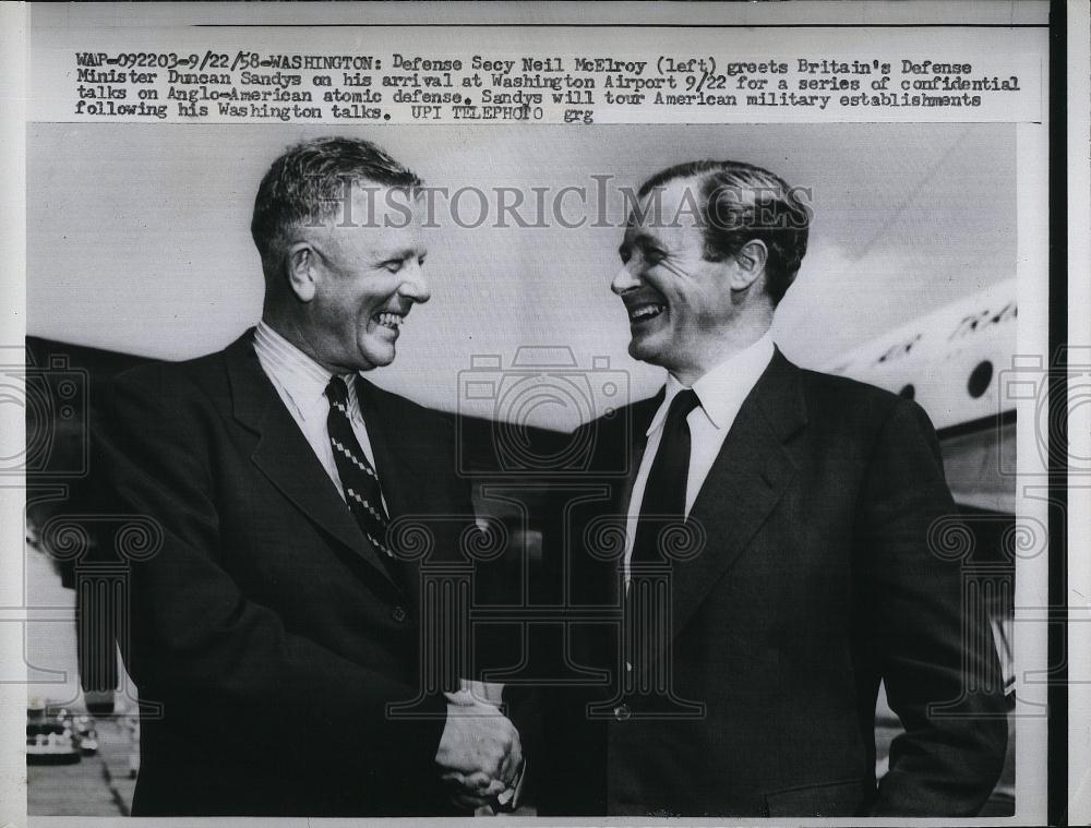 1958 Press Photo Defense Sec Neil McElroy Greets British Minister Duncan Sandys - Historic Images