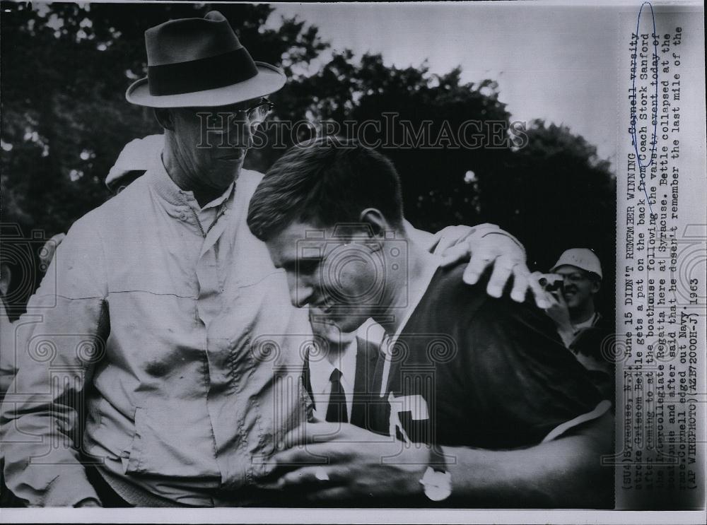 1963 Press Photo Cornell coach Stork SAnford &amp; Griscom Bettle at the boathouse - Historic Images