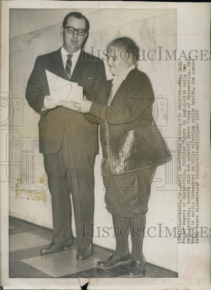 1959 Press Photo Nell Foster Rogers,Florida lobbyist with Sen Emory Cross - Historic Images