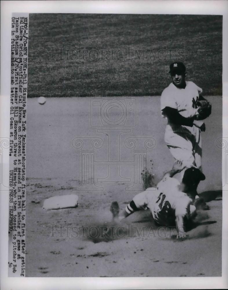 1955 Press Photo Phil Rizzuto, New York Yankees, Cal Abrams, Baltimore Orioles - Historic Images