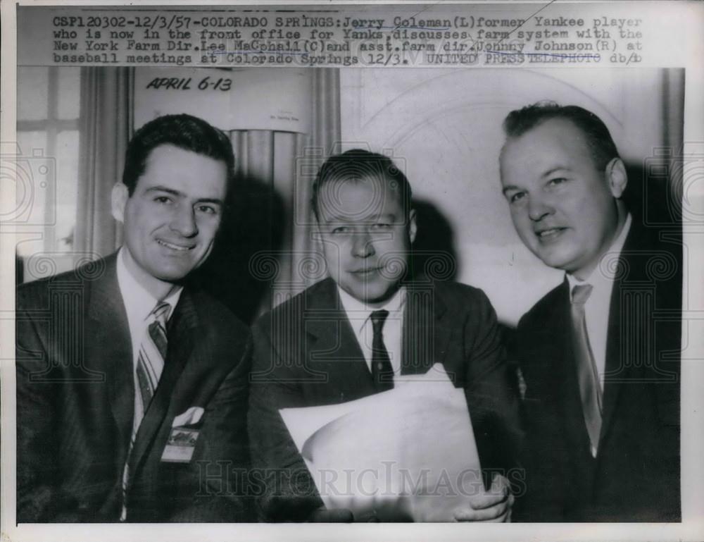 1957 Press Photo Jerry Coleman Formerly of Yankees, Lee Macphall Johnny Johnson - Historic Images