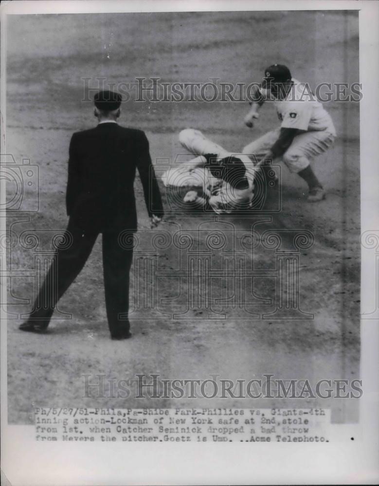 1951 Press Photo Phillies Vs Giants Lockman Seiminick Goetz - Historic Images