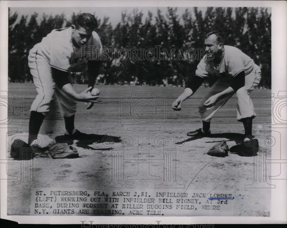 1951 Press Photo Jack Lohrke, Bill Rigney, New York Giants Workout - nea16865 - Historic Images