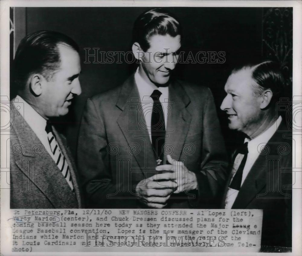 1950 Press Photo Baseball execs, Al Lopez,Marty Marion,Chuck Dressen - nea12324 - Historic Images