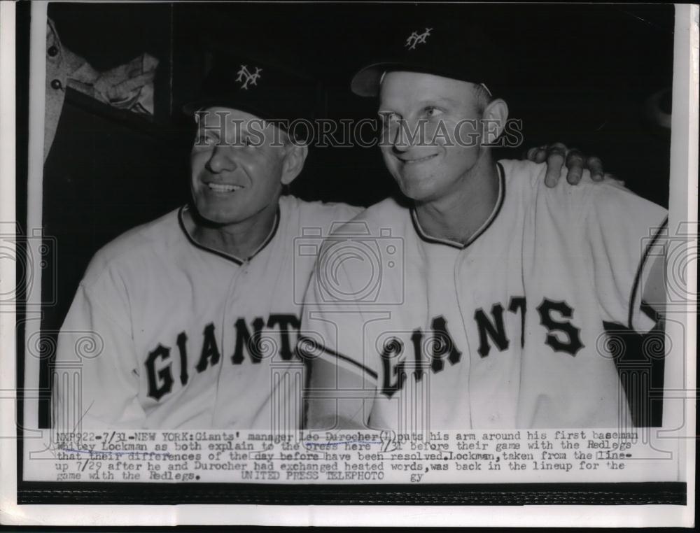 1954 Press Photo Manager Leo Durocher, Whitely Lockman, New York Giants - Historic Images
