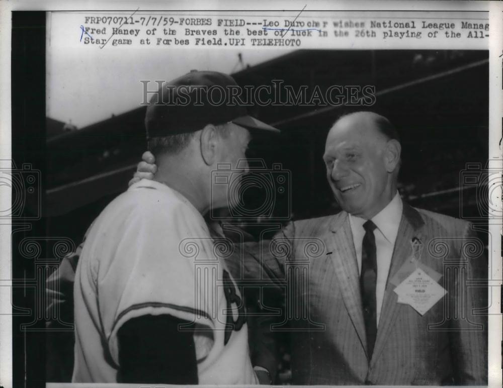 1959 Press Photo Dodgers mgr Leo Durocher &amp; Fred Haney of the Braves - nea17532 - Historic Images