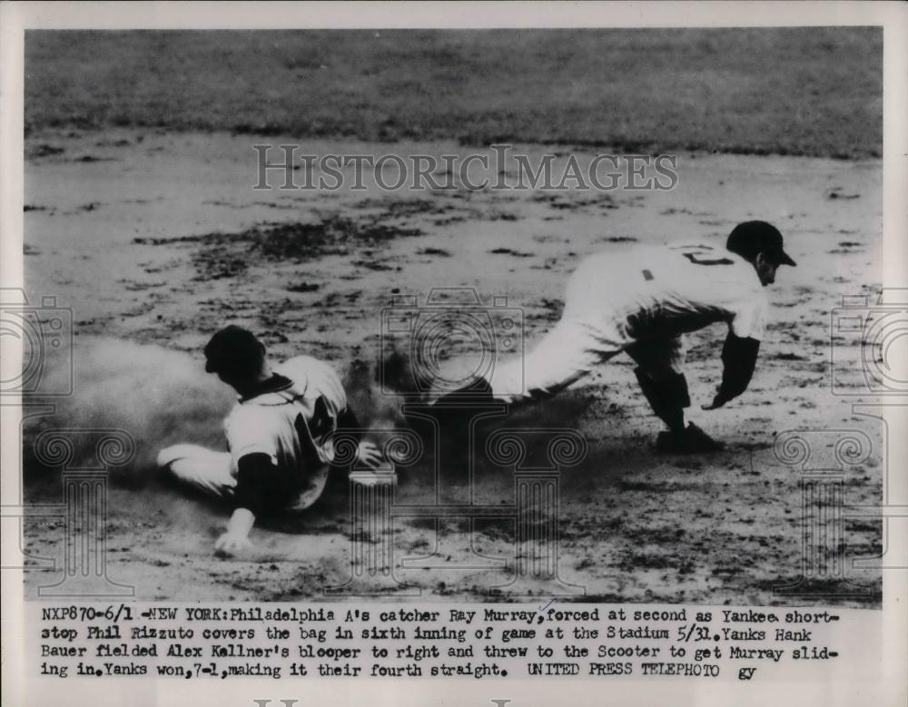 1953 Press Photo A&#39;s catcher Ray Murray, forced at 2nd, Yankee&#39;s Phil Rizzuto - Historic Images