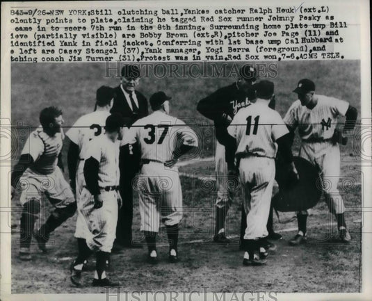 1949 Press Photo Yankees Ralph Houk, claiming he tagged Red Sox Johnny Pesky. - Historic Images