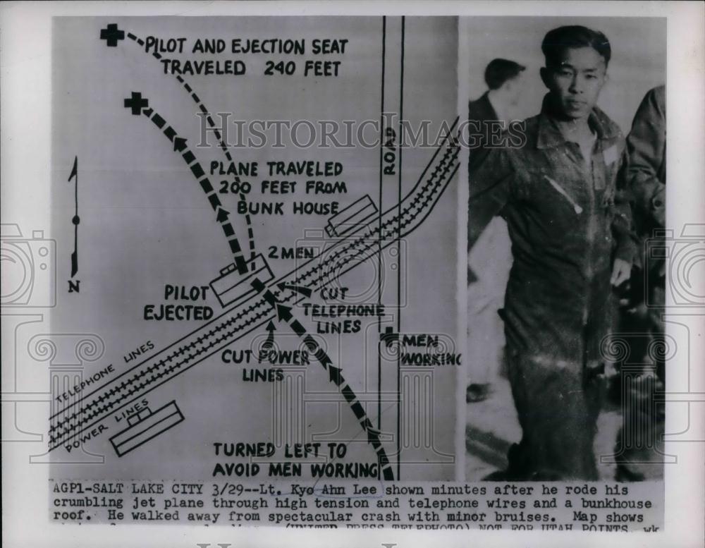 1955 Press Photo Lt. Kyo Ahn Lee and Map of His Jet Plane Crash - nea17055 - Historic Images
