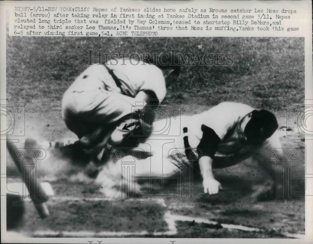1950 Press Photo Cliff Mapes, Yankees, slides home safely, Catcher Less Moss - Historic Images