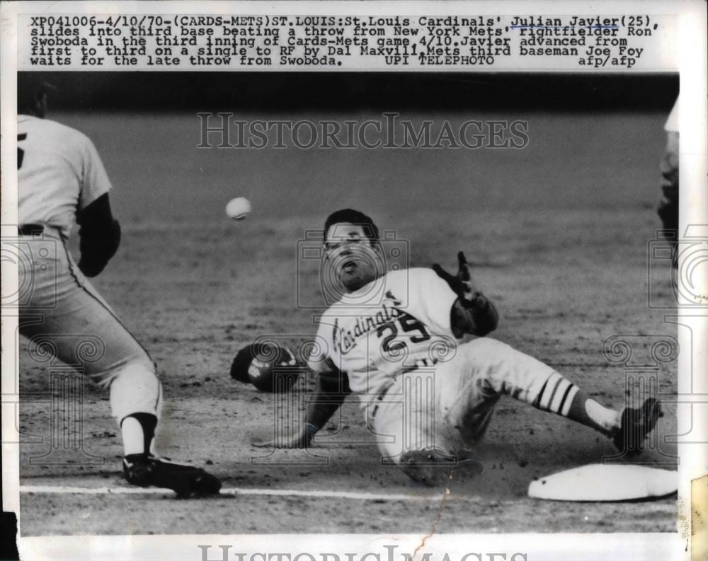 1970 Press Photo Julian Javier slides into third base, Joe Foy waits for throw - Historic Images