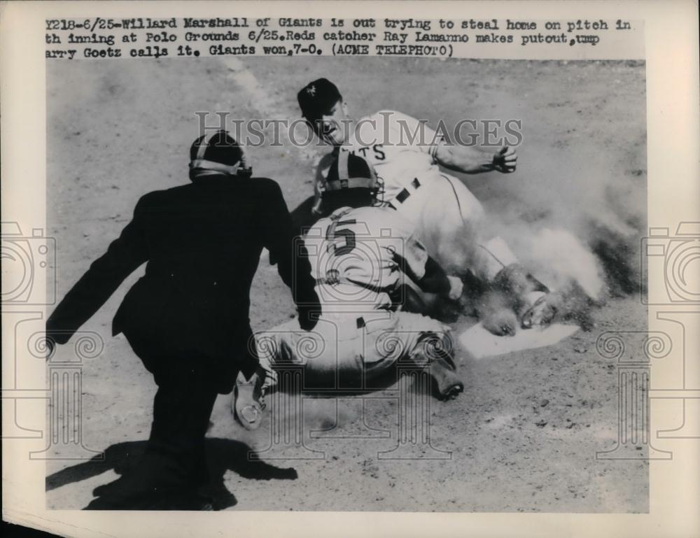 1948 Press Photo New York Giants Willard Marshall & Reds Catcher Ray Lamanmo - Historic Images