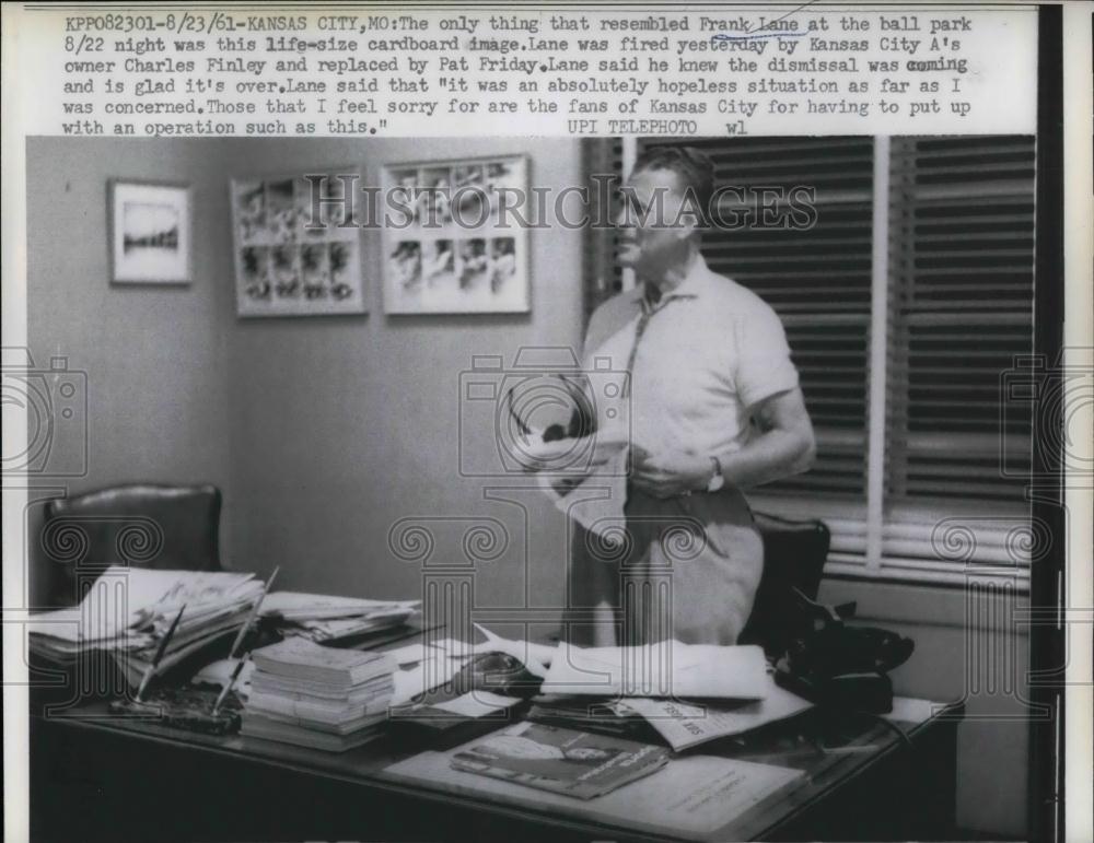 1961 Press Photo Frank Lane Fired By Kansas City Athletics Owner Finley - Historic Images